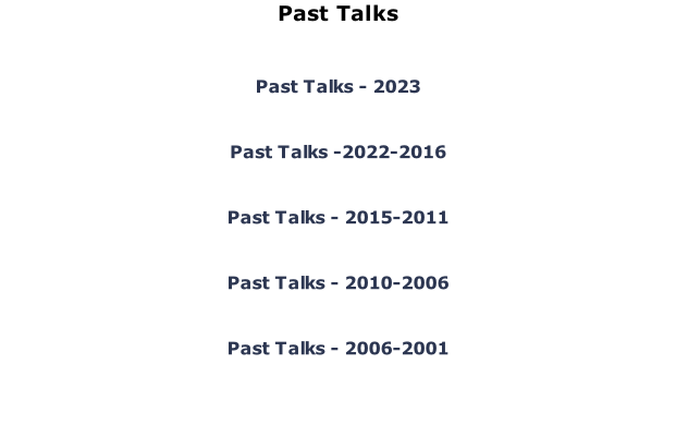Past Talks  Past Talks - 2023  Past Talks -2022-2016  Past Talks - 2015-2011  Past Talks - 2010-2006  Past Talks - 2006-2001