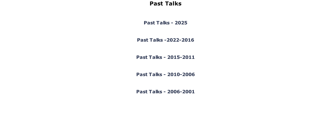 Past Talks  Past Talks - 2025  Past Talks -2022-2016  Past Talks - 2015-2011  Past Talks - 2010-2006  Past Talks - 2006-2001